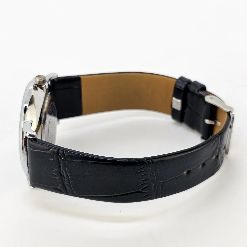 Men's Analog Watch 38MM Black Dial Black Faux Leather Bands New Battery